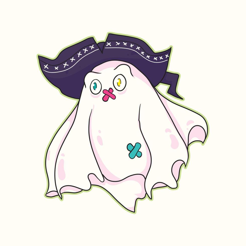 Cute ghost wearing a pirate hat with funny expression and colorful patches perfect for Halloween party invitations decoration apparel prints stickers and creative spooky designs vector