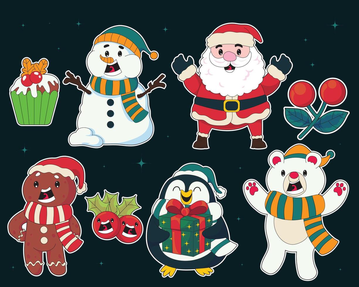 Colorful Christmas characters including Santa and a snowman vector