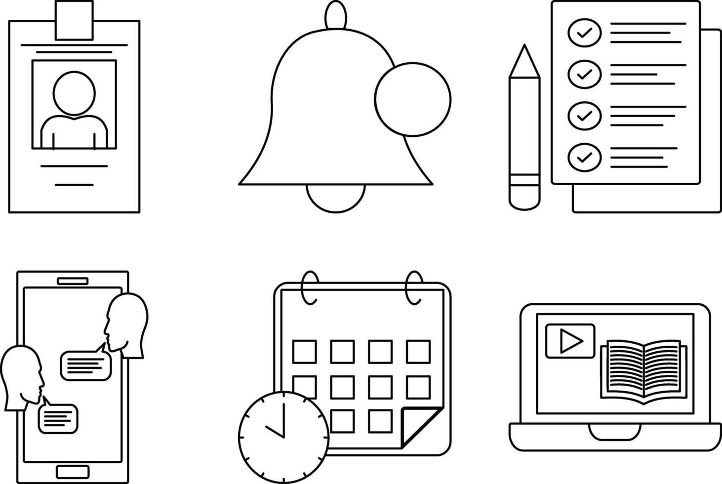Student dashboard icon set. Includes profile badge, notification bell, assignment list, chat, calendar, and course overview. Editable stroke. vector