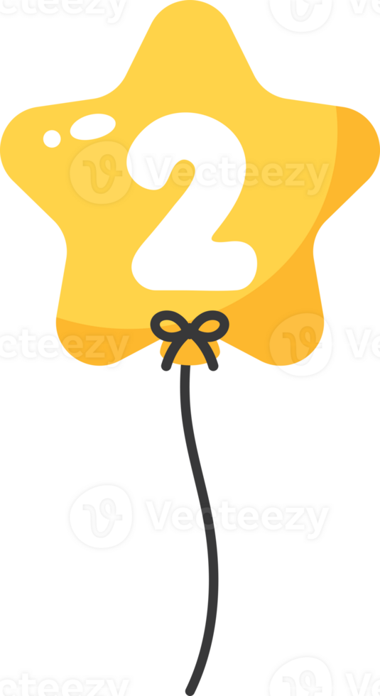 Yellow star-shaped numbered balloon illustration for baby and kids party decoration. Number two. png
