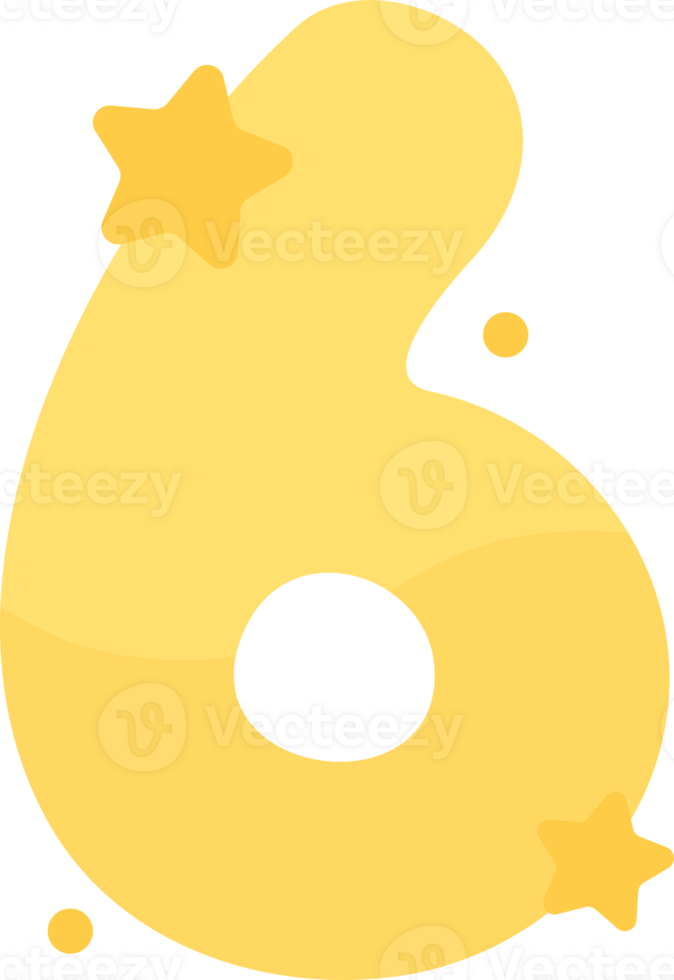 Illustration of cute pastel yellow numbers with star-shaped decorations for kids, number six. png