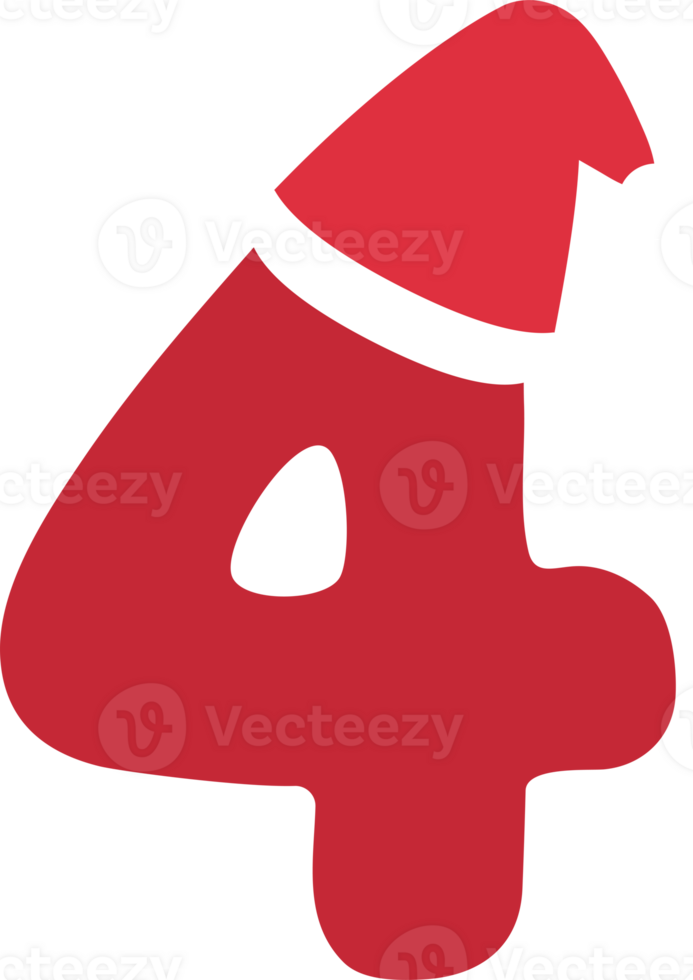 Illustration of cute red Christmas-themed numbers with Santa Claus hats for kids, number four. png