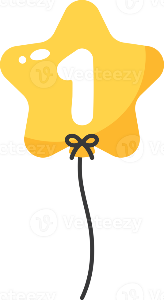 Yellow star-shaped numbered balloon illustration for baby and kids party decoration. Number one. png