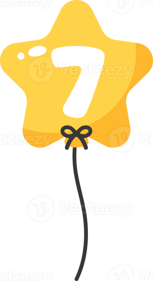 Yellow star-shaped numbered balloon illustration for baby and kids party decoration. Number seven. png