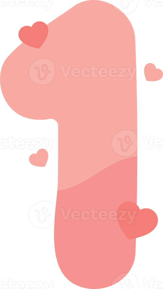 Illustration of cute pastel pink numbers with heart-shaped decorations for kids, number one. png