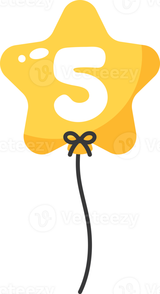 Yellow star-shaped numbered balloon illustration for baby and kids party decoration. Number five. png