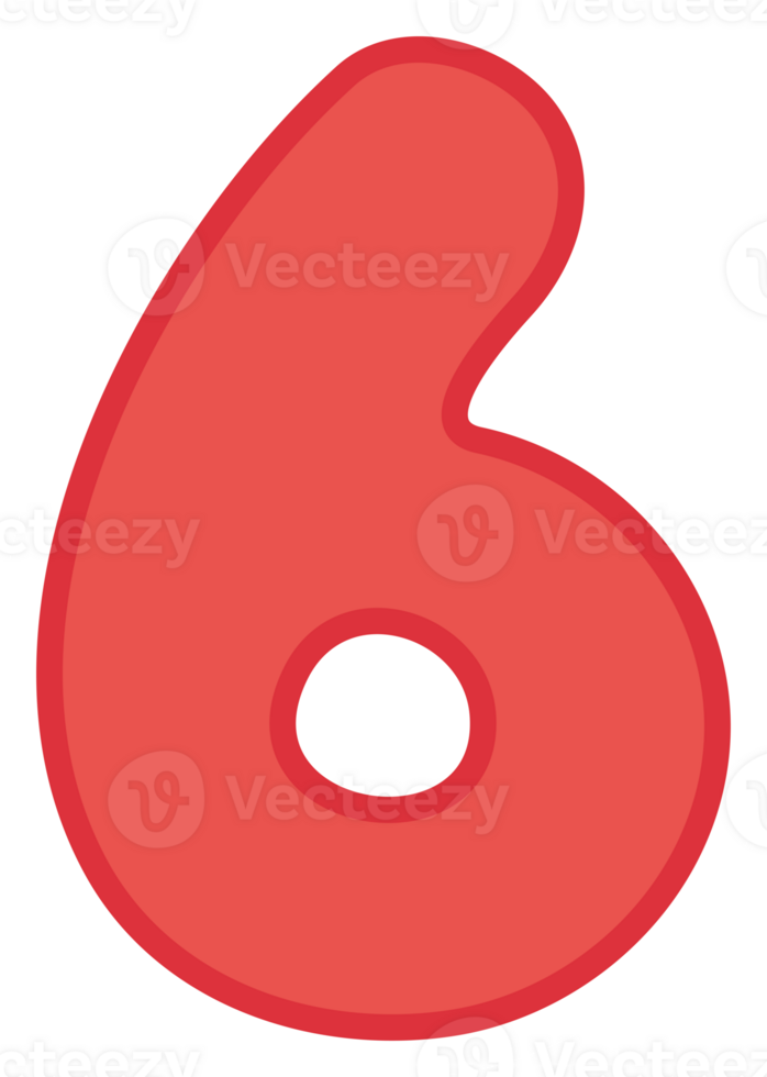 Colorful playful number cartoon illustration for kids. Red number six. png