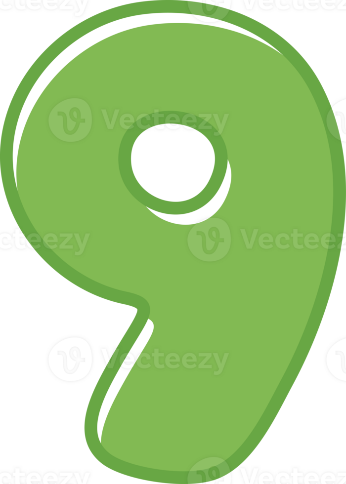 Colorful and playful number cartoon illustration for kids. Green number nine. png