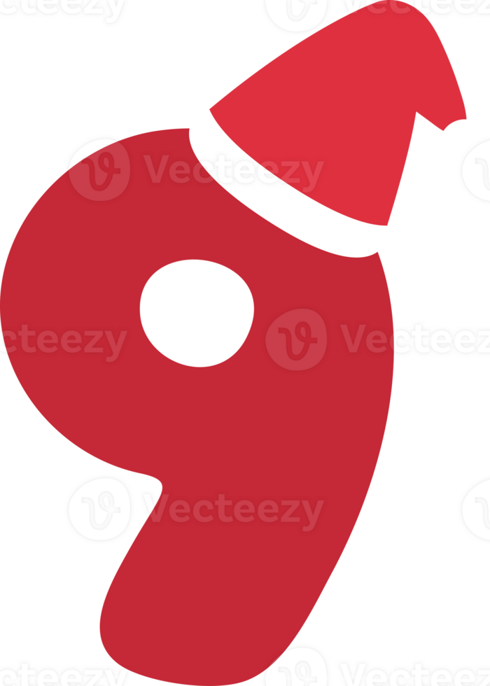Illustration of cute red Christmas-themed numbers with Santa Claus hats for kids, number nine. png