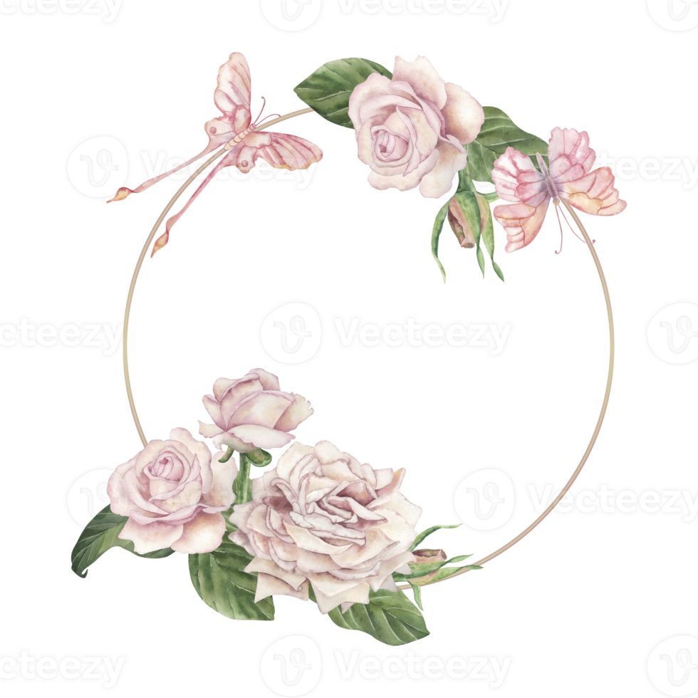 Round frame decorated with delicate pink roses and butterflies. The watercolor illustration is hand-drawn in a botanical style in a pastel color scheme. For wedding design, packaging, postcards png