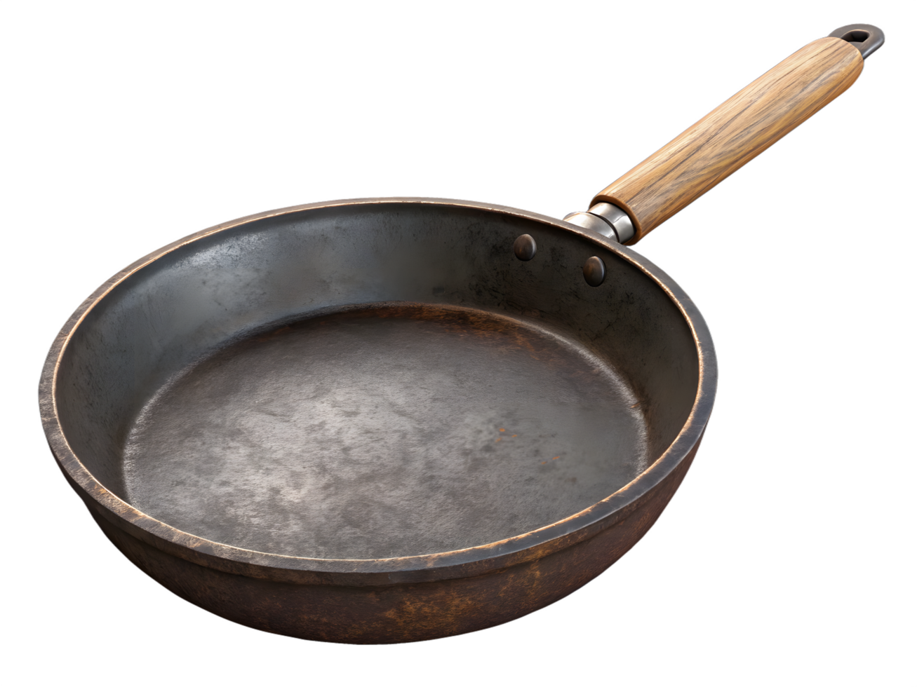Close up detailed view of an old well used cast iron frying pan with wooden handle. png