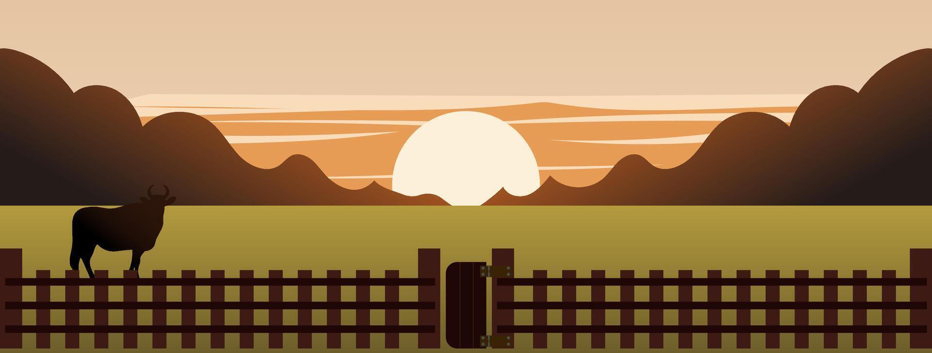 illustration of sunset, evening mountains, cattle farm, dry grassland. vector