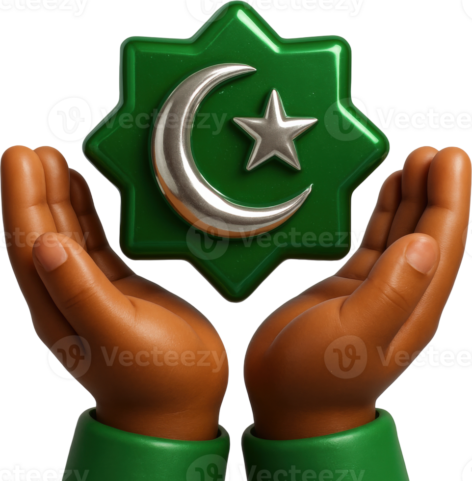 Cartoon hands holding islamic crescent moon and star symbol png