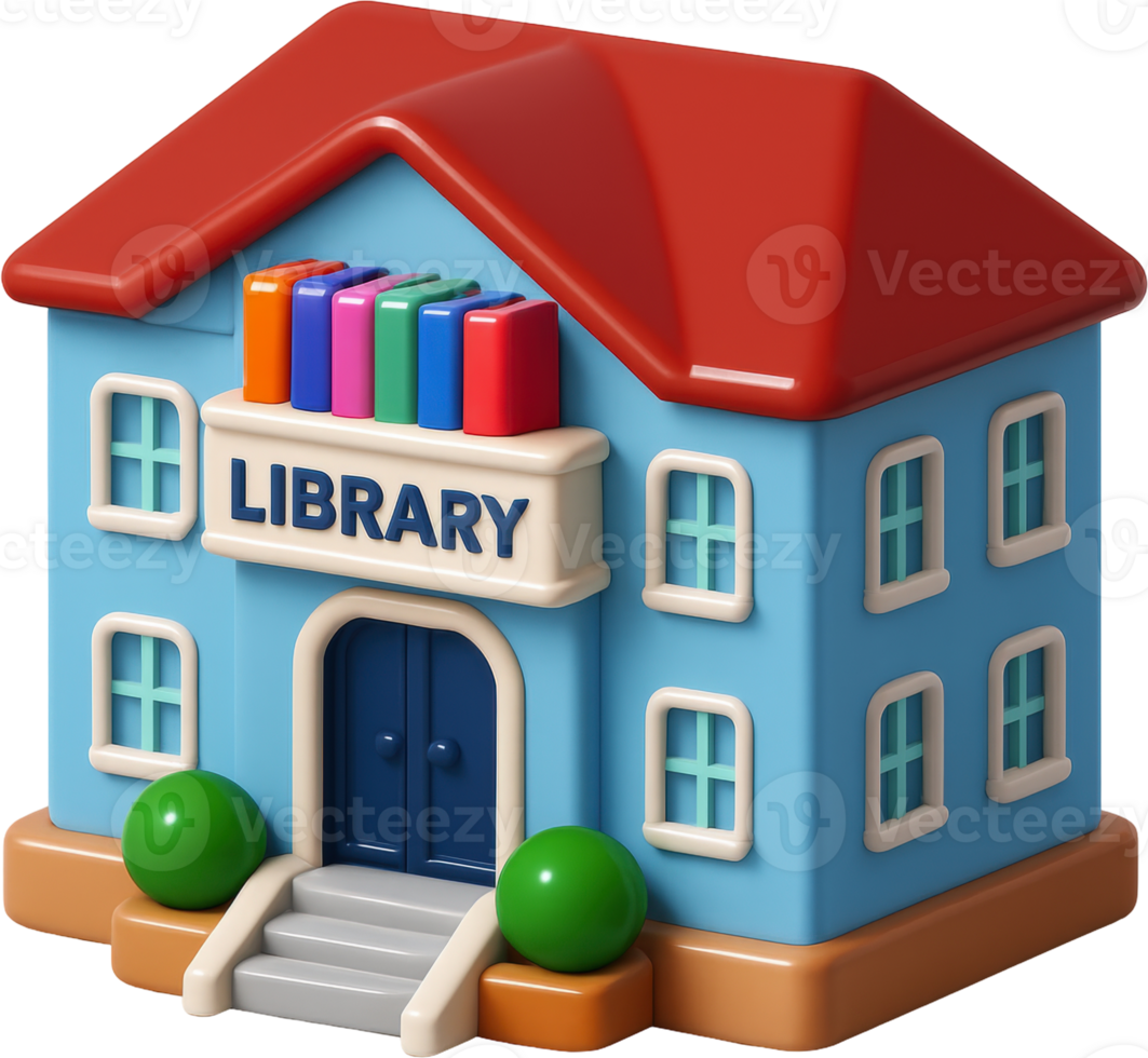 Stylized 3D library building with colorful books and red roof png