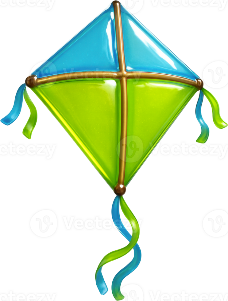 Vibrant blue and green diamond kite with flowing ribbons png