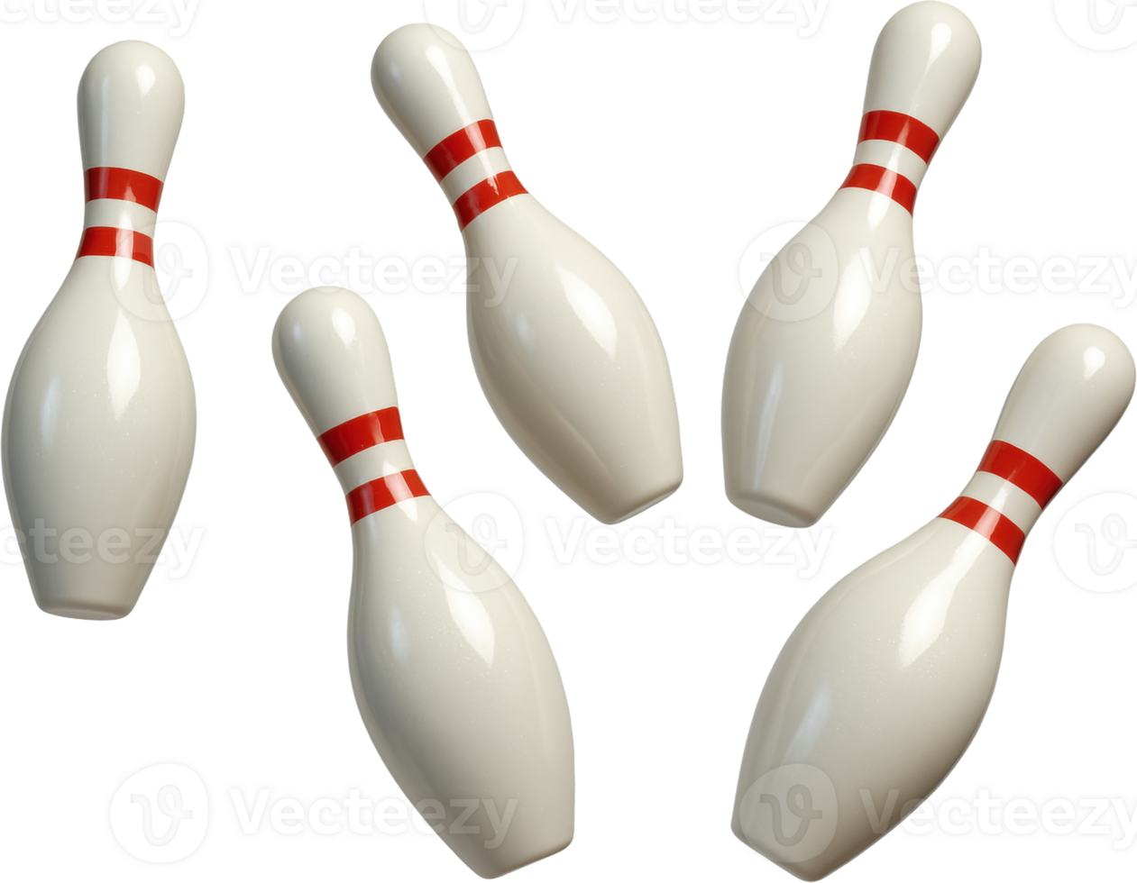 Five white bowling pins with red stripes for sport and game play png