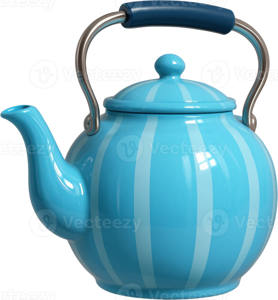 Glossy light blue teapot with white stripes and dark blue handle png