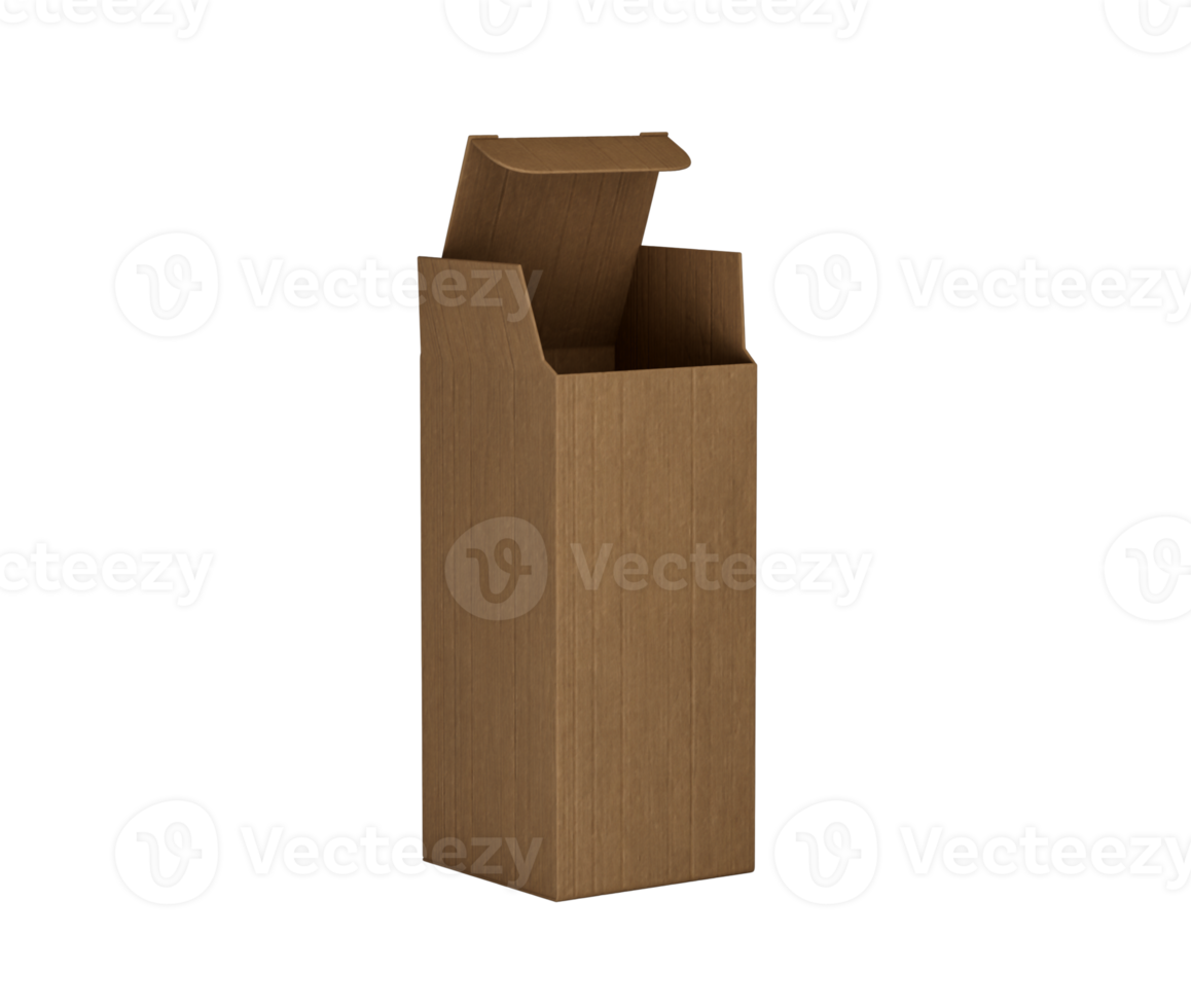 A Brown open-top cardboard box with a partially lifted lid for packaging and product mockups. 3d Illustration png
