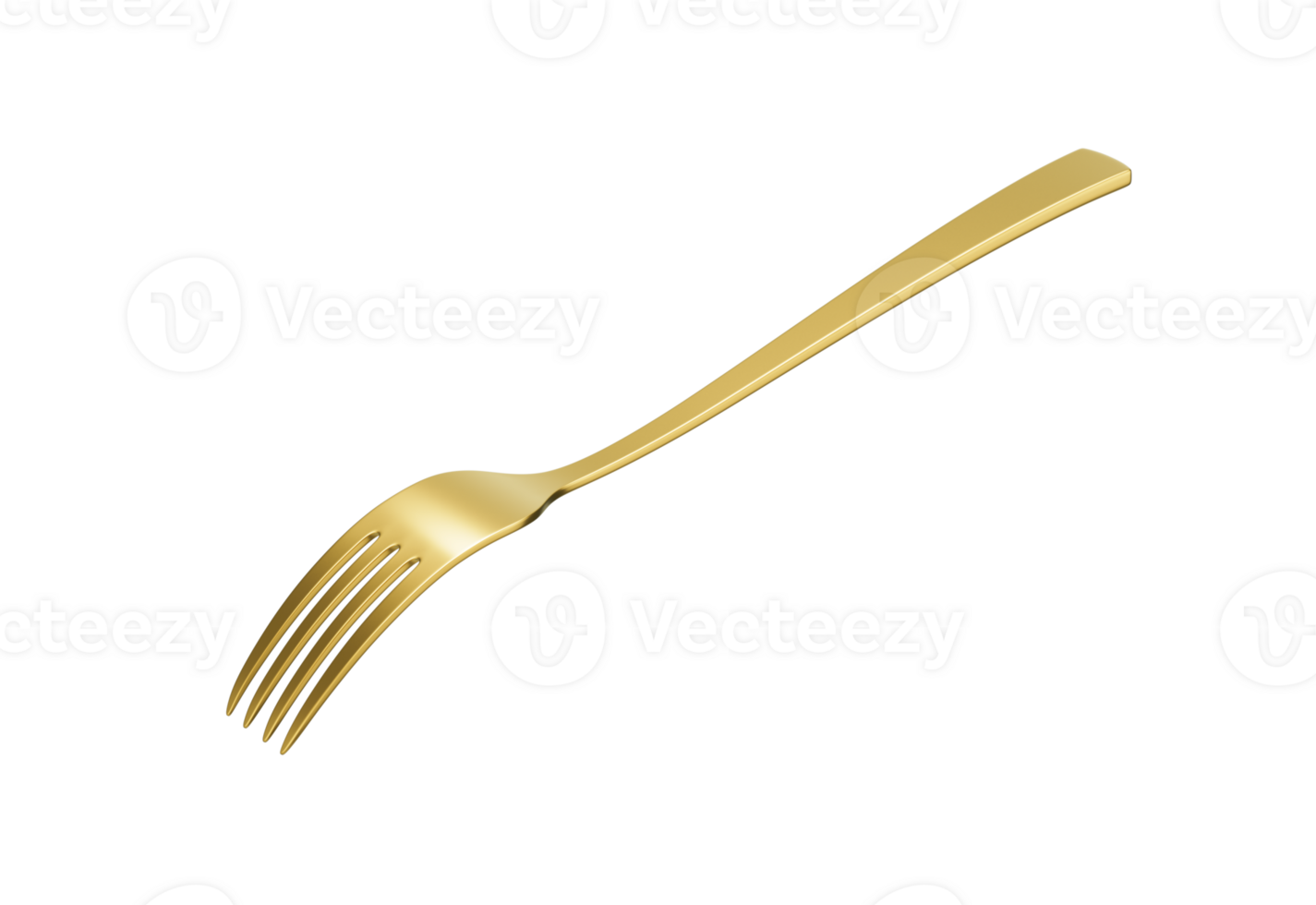 A sleek gold plated fork with a reflective finish and a slightly curved handle. 3D png