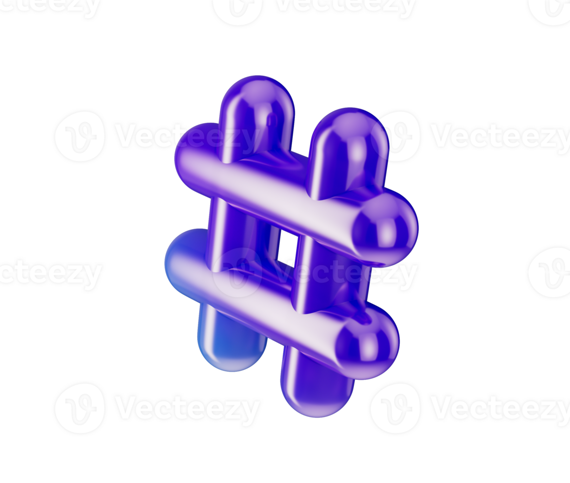 A glossy 3D hashtag with a purple-to-blue gradient, symbolizing social trends. 3D Illustration png