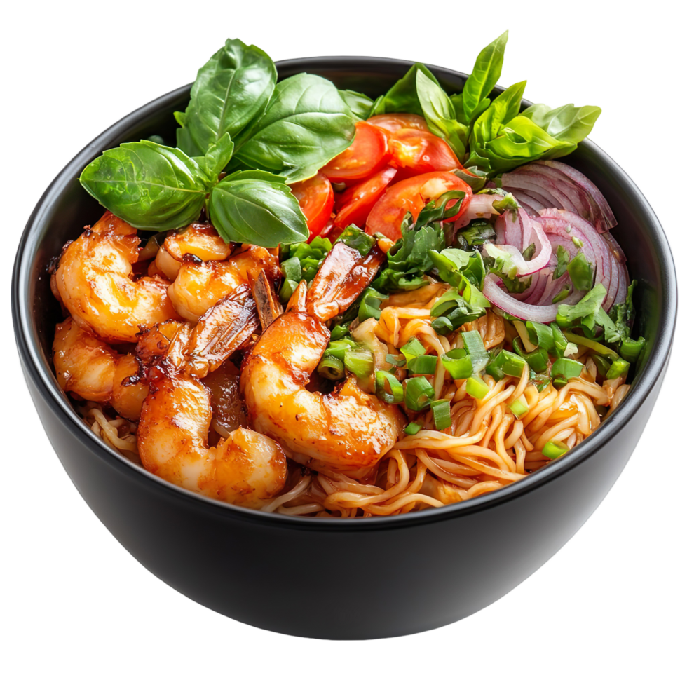 Thai-Style Noodles with Shrimp and Fresh Vegetables Isolated On Transparent Background png