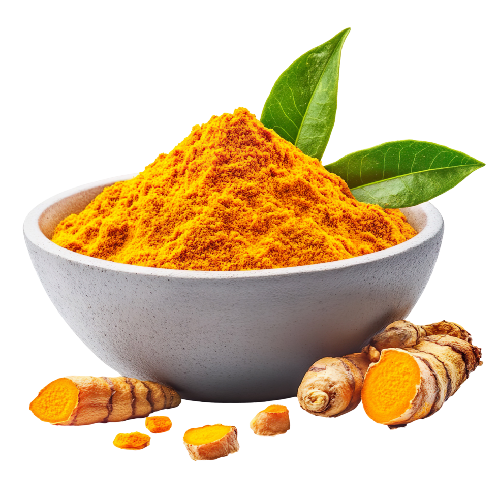 Turmeric Powder with Root and Leaves in Bowl Isolated On Transparent Background png