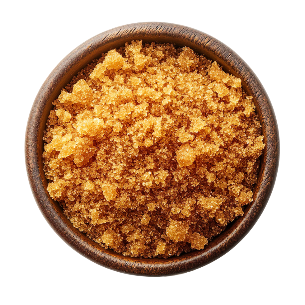 Top View of Brown Sugar in Wooden Bowl Isolated On Transparent Background png