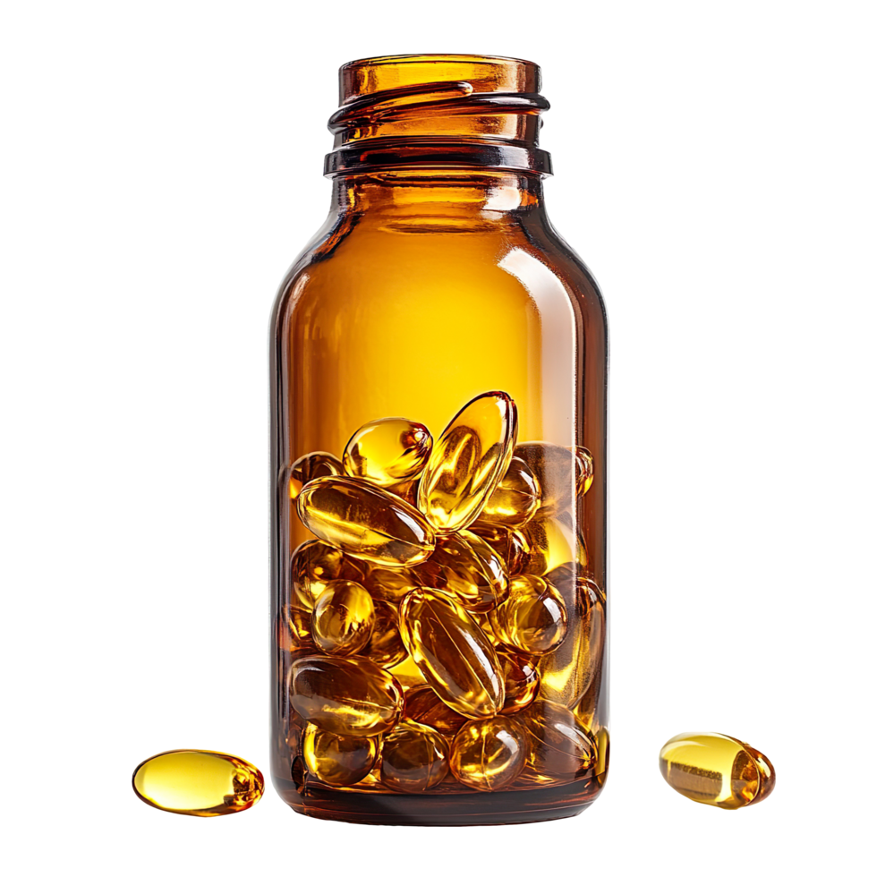 Amber Bottle Filled with Golden Softgel Capsules, Isolated On Transparent Background png