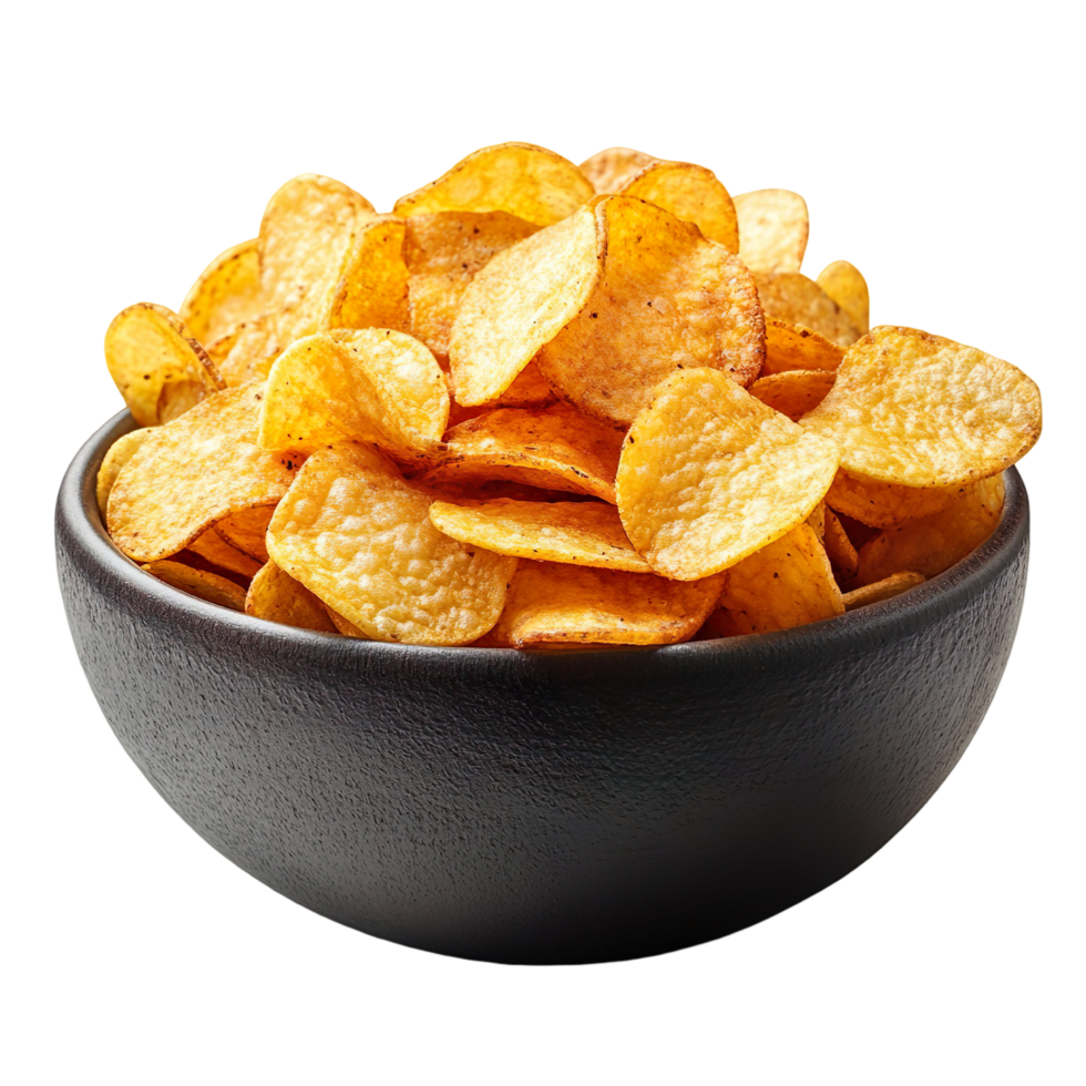 Crispy Potato Chips In Black Bowl Snack Food Isolated On Transparent Background png