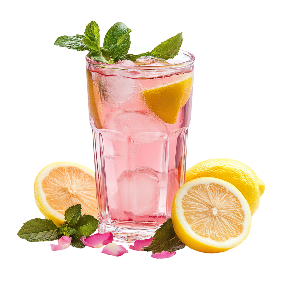 Glass of Rosewater Lemonade with Mint and Lemons Isolated On Transparent Background png