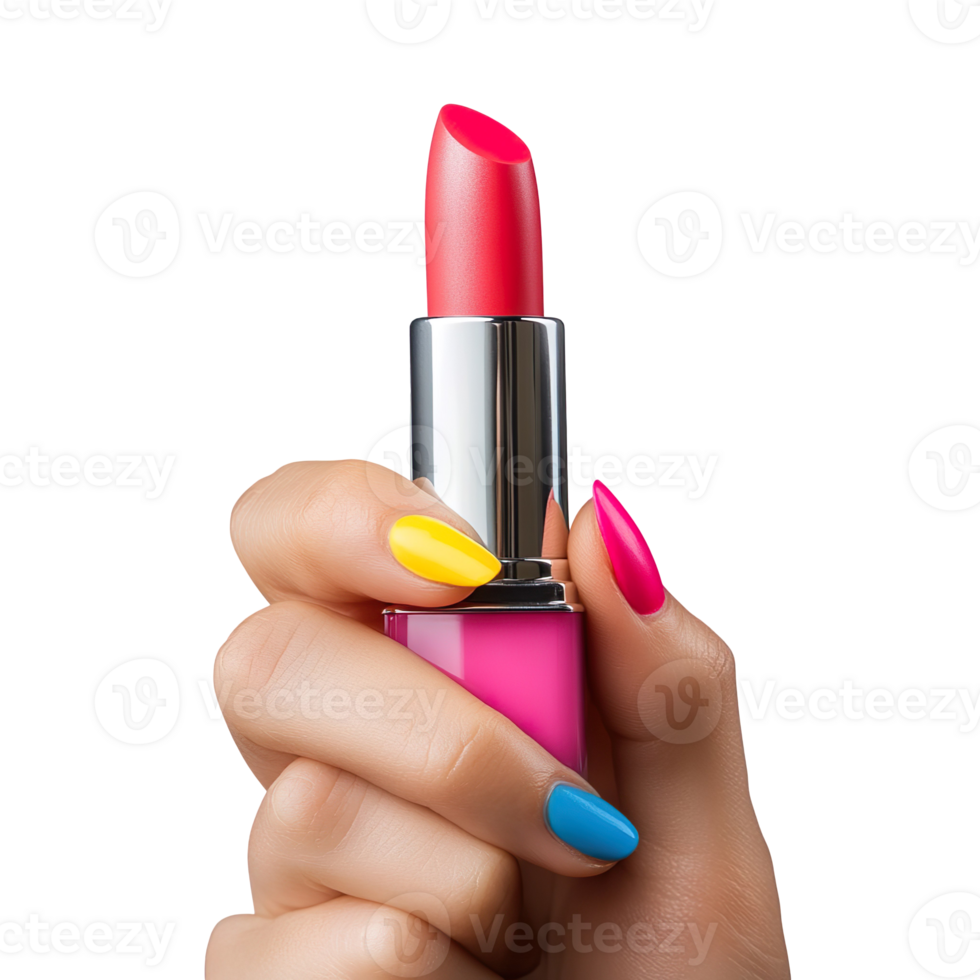 Colorful Lipstick in Hand with Vibrant Nails Isolated On Transparent Background png