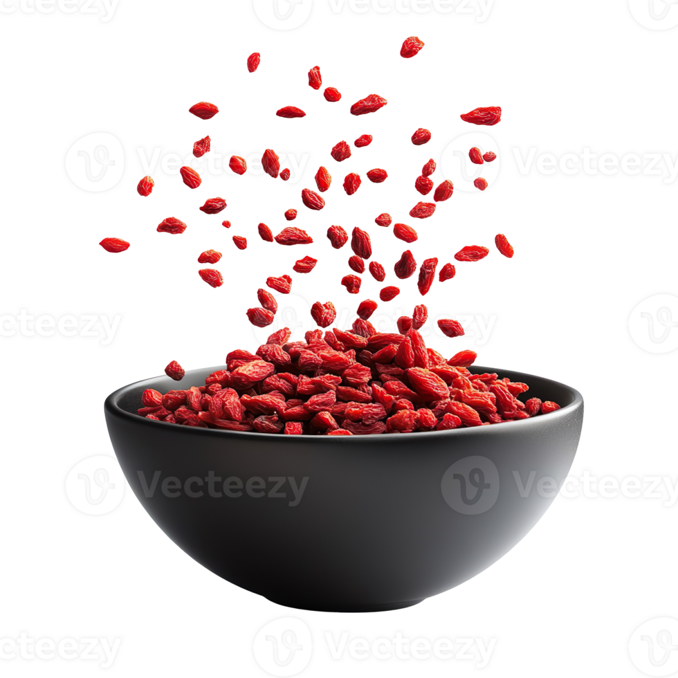 Falling Dried Goji Berries Into Black Bowl Nutritious Superfood Healthy Diet Isolated On Transparent Background png