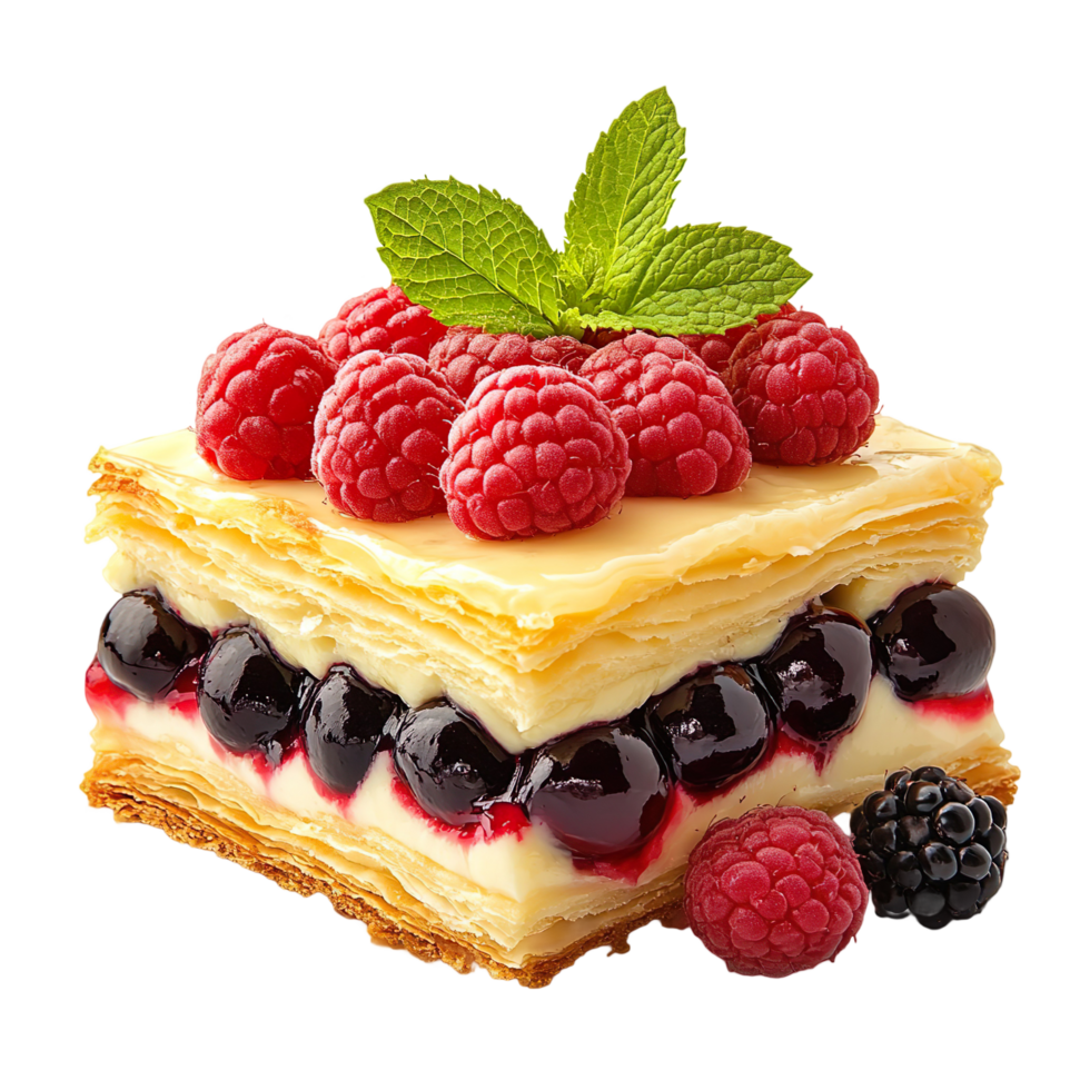 Layered Pastry with Berries and Custard Cream Isolated On Transparent Background png
