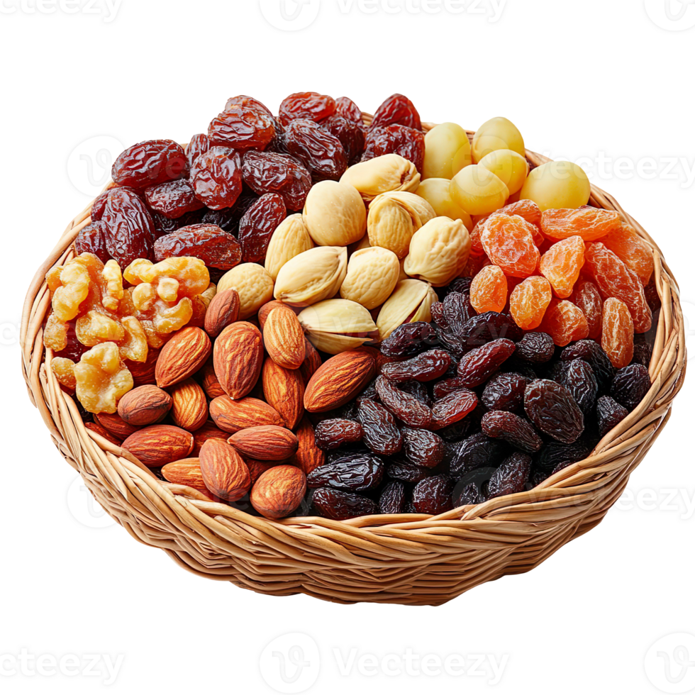 Assorted Nuts And Dried Fruits In Wicker Basket Isolated On Transparent Background png