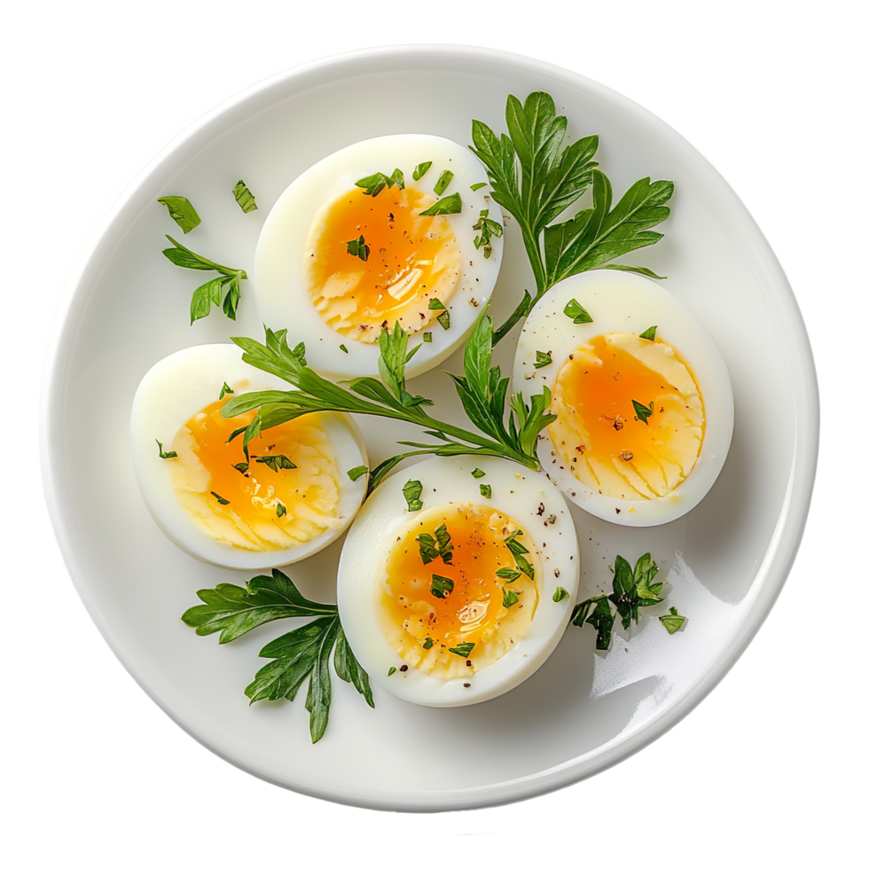 Boiled Eggs With Soft Yolks and Herbs on White Plate, Isolated On Transparent Background png