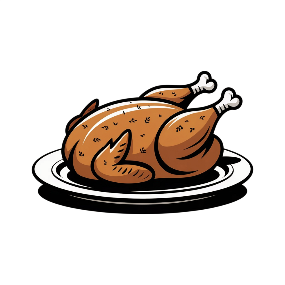 Roasted Chicken on Plate Cartoon Style, Appetizing, Thanksgiving Dinner Illustration png