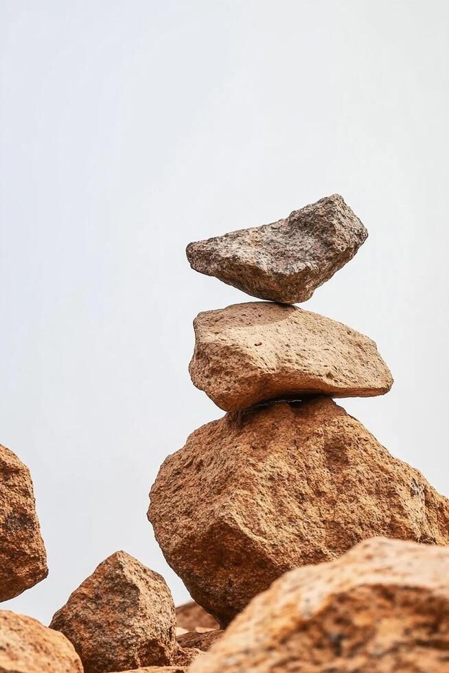 A close up shot of a stack of brown rocks balanced against a white background outdoors day photo