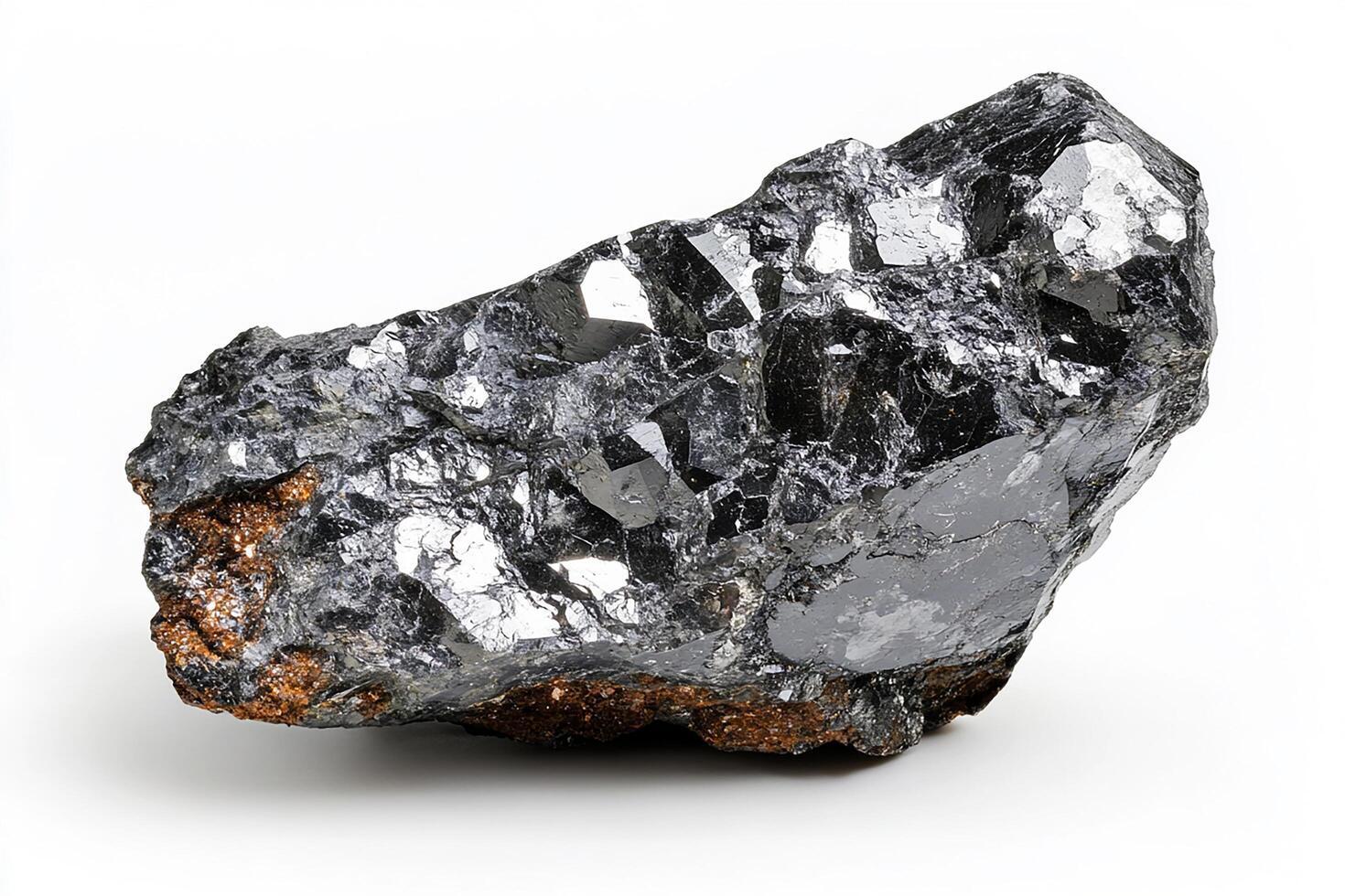 Close up shot of a dark metallic mineral specimen with crystalline structures on white backdrop photo