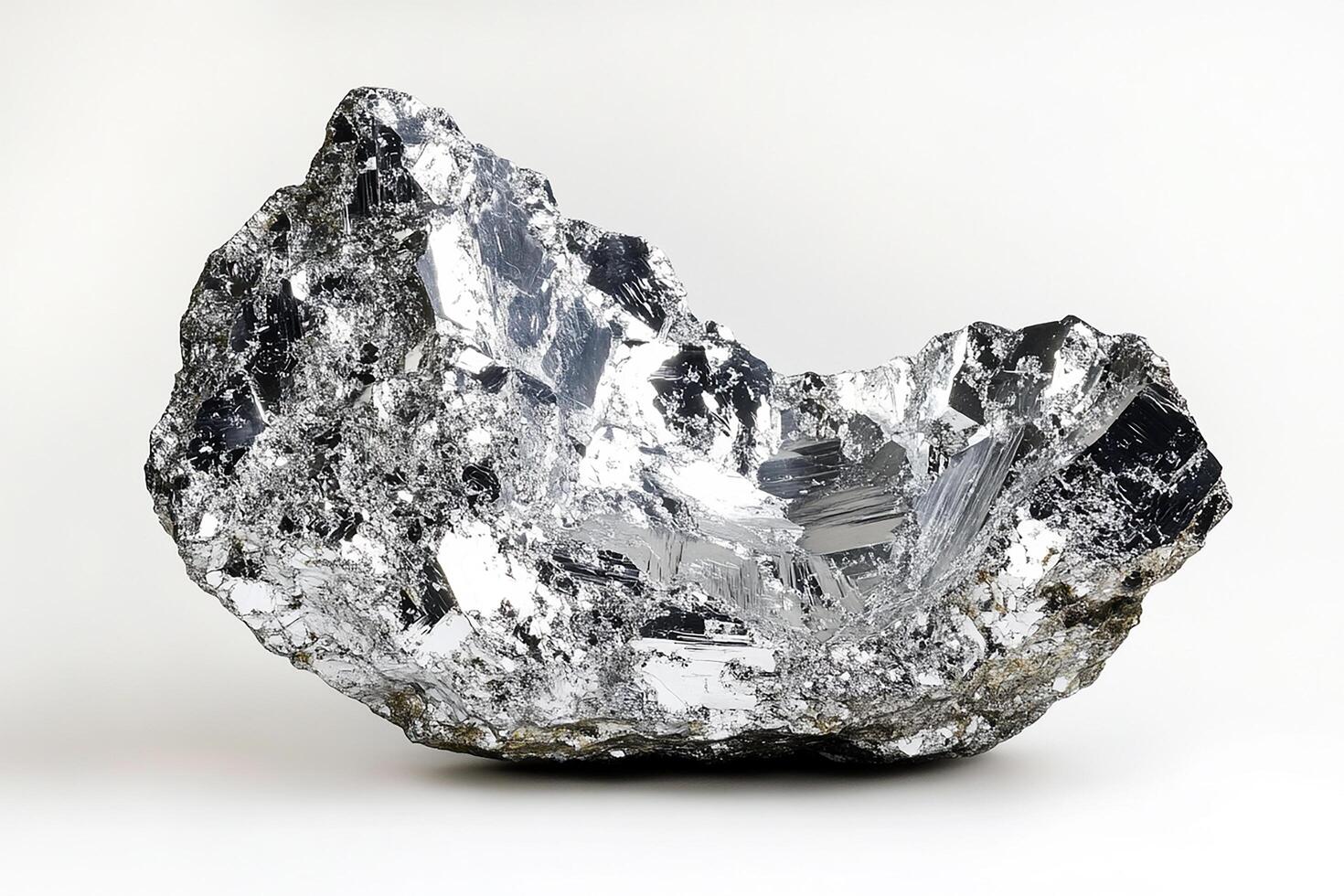 Close up shot of a shiny silver metallic mineral rock formation against a white background photo