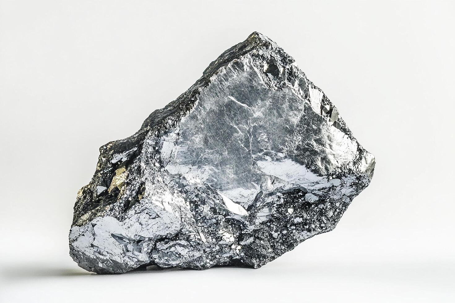 A close up shot of a large, metallic, dark gray mineral specimen against a white background photo