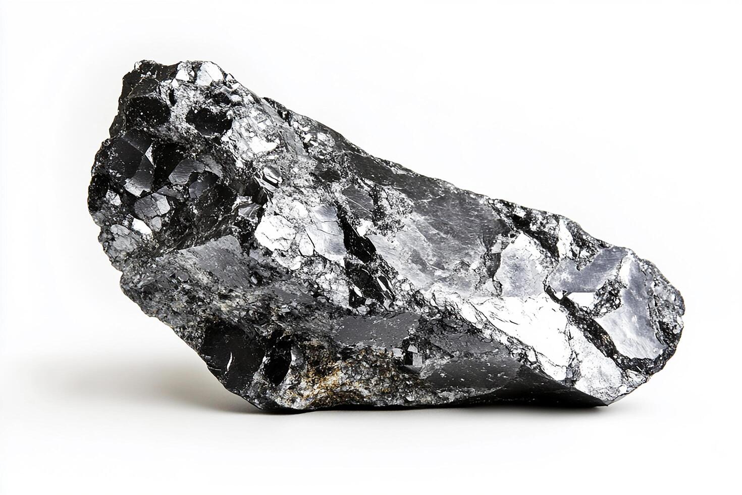 A close up view of a shiny black rock formation on a white surface with light reflections photo