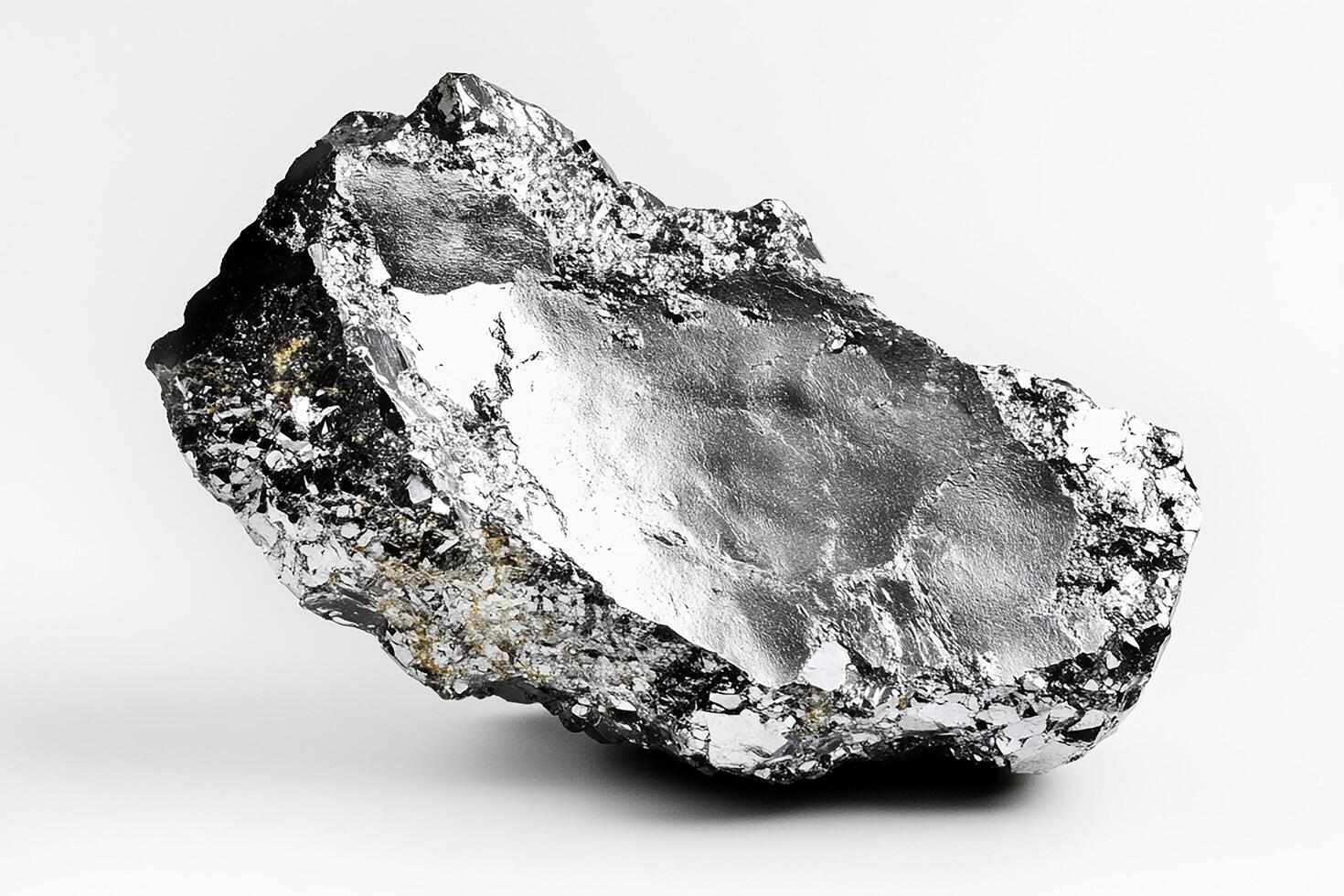A close up of a large, shiny, silver mineral rock specimen against a white background surface photo
