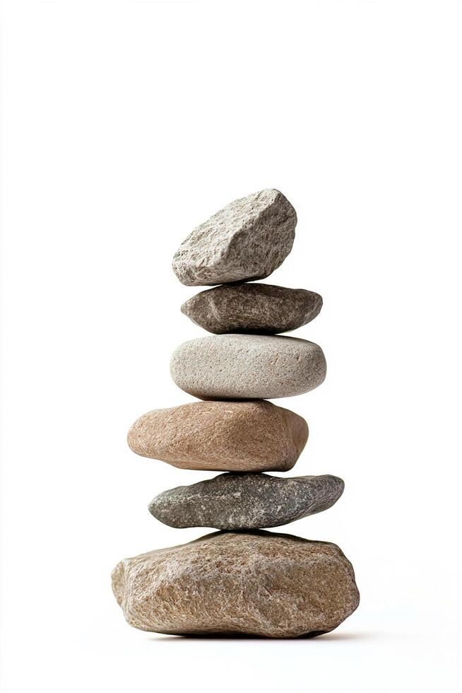 A stack of six smooth stones balanced on top of each other against a white background space photo