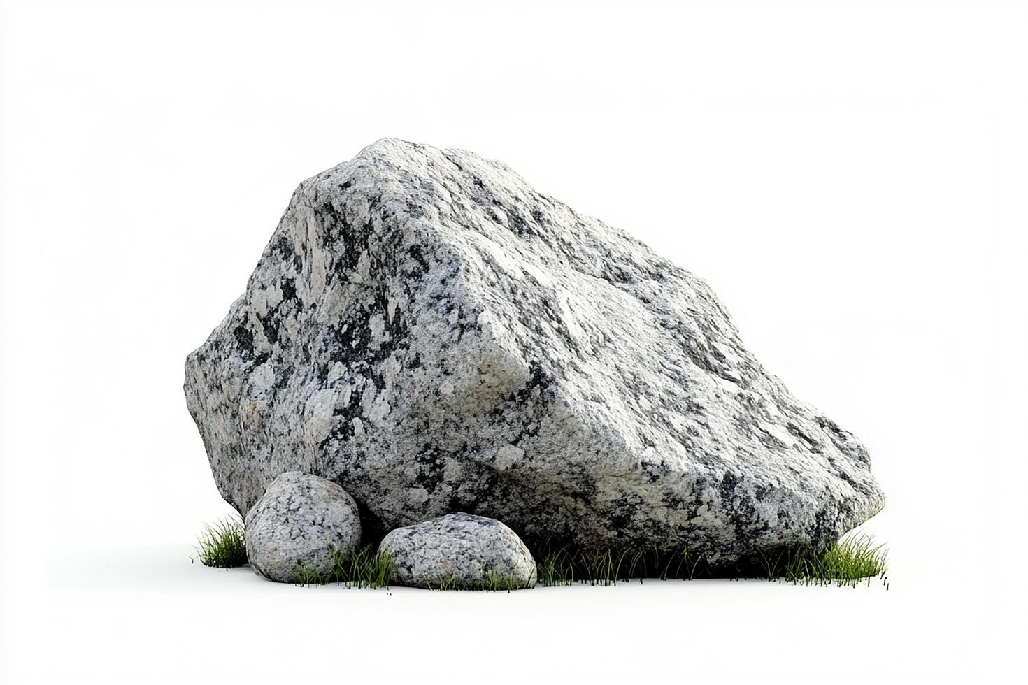 A large boulder with smaller rocks and grass isolated on a white background studio shot photo