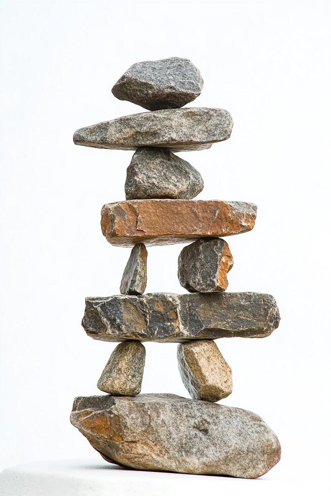 A balanced stack of rocks against a white background creating a cairn like sculpture art photo