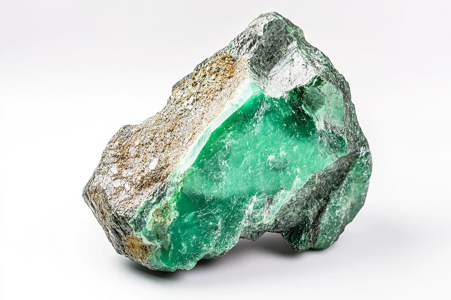 A close up shot of a rough green mineral specimen with rocky matrix on a white background photo