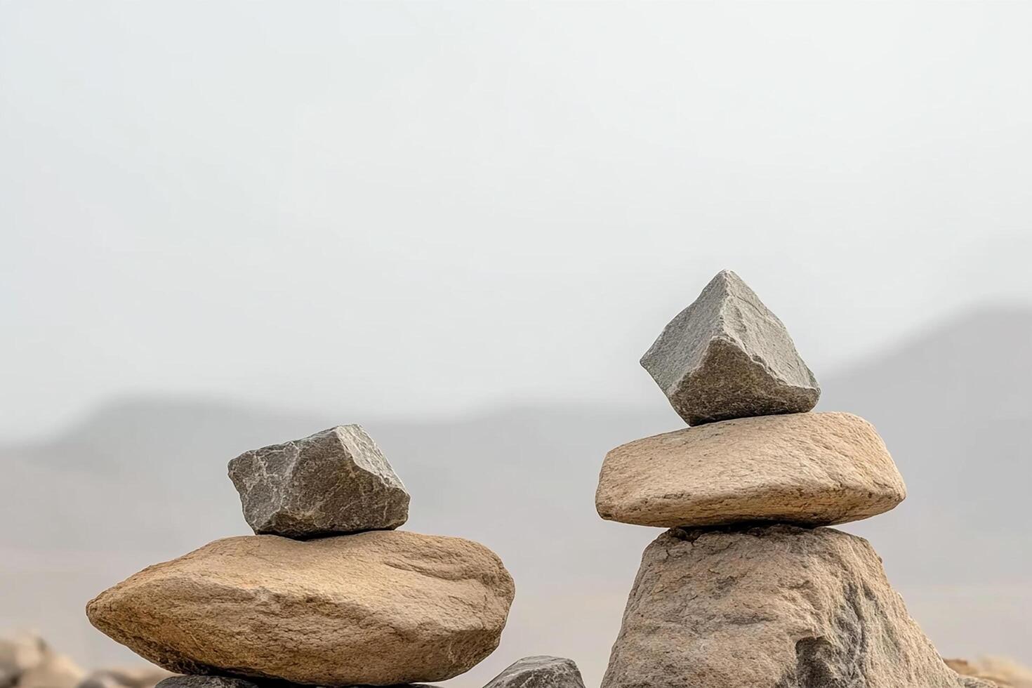 A zen rock balancing art installation featuring stacked stones against a blurred background photo
