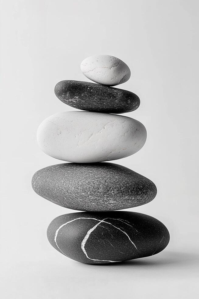 A harmonious stack of five smooth stones in varying shades of gray and white on a white backdrop photo