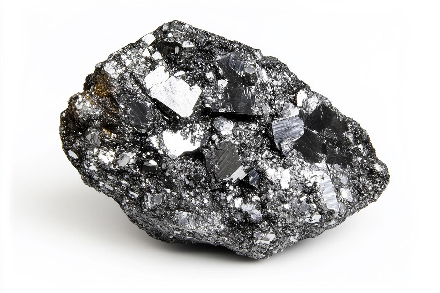 A close up shot of a dark, rough mineral rock with shiny, reflective flakes on white background photo
