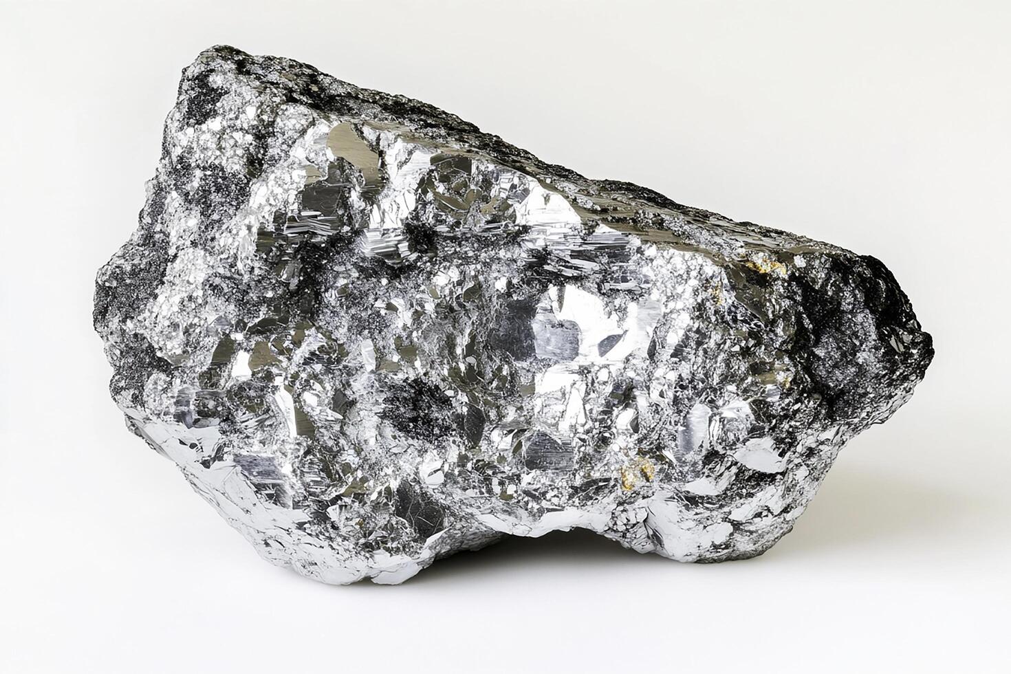 A close up shot of a large piece of shiny black and silver mineral rock on a white background photo